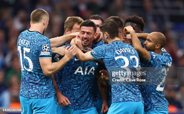 Clement Lenglet of Tottenham Hotspur celebrates with teammates after scoring their team's first goal during the UEFA Champions League group D match...