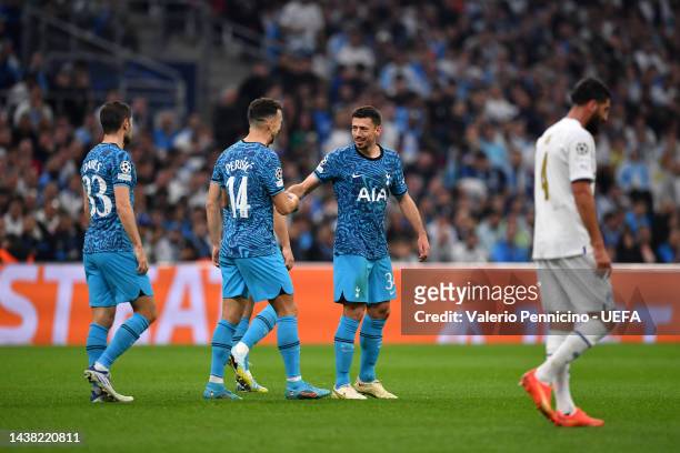 Clement Lenglet of Tottenham Hotspur celebrates with teammates after scoring their team's first goal during the UEFA Champions League group D match...