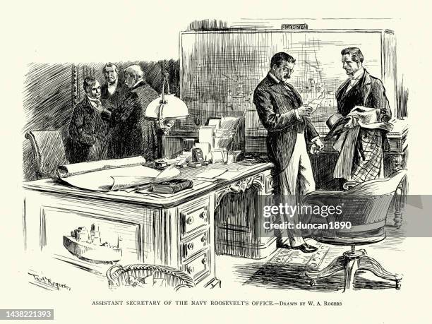 assistant secretary of the navy theodore roosevelt's office, spanish american war - theodore roosevelt us president stock illustrations