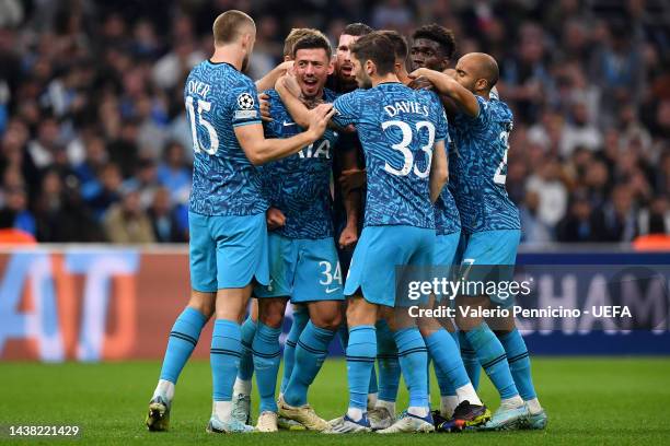 Clement Lenglet of Tottenham Hotspur celebrates with teammates after scoring their team's first goal during the UEFA Champions League group D match...