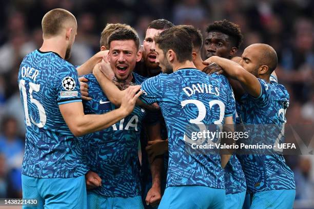 Clement Lenglet of Tottenham Hotspur celebrates with teammates after scoring their team's first goal during the UEFA Champions League group D match...