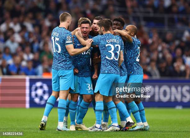 Clement Lenglet of Tottenham Hotspur celebrates with teammates after scoring their team's first goal during the UEFA Champions League group D match...