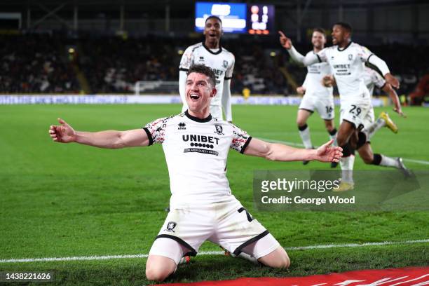Darragh Lenihan of Middlesbrough celebrates after their side's second goal, an own goal scored by Tobias Figueiredo of Hull City during the Sky Bet...