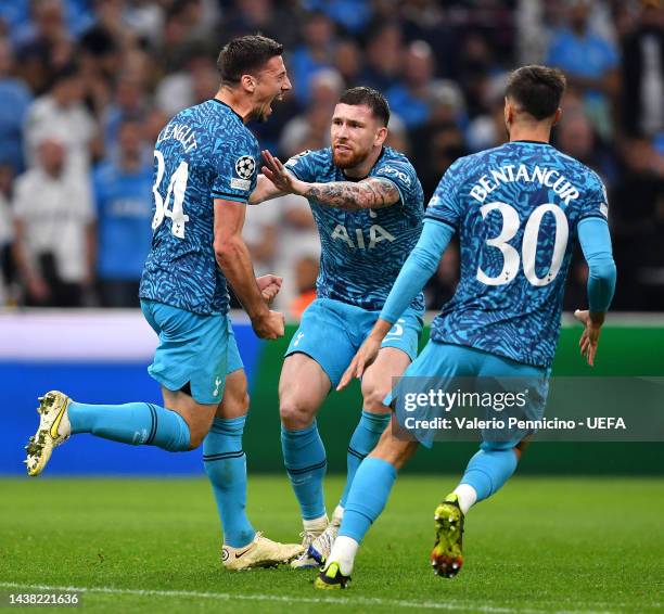 Clement Lenglet celebrates with Pierre-Emile Hojbjerg of Tottenham Hotspur after scoring their team's first goal during the UEFA Champions League...