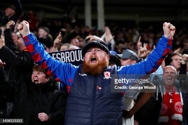 Middlesbrough fans celebrate during the Sky Bet Championship match between Hull City and Middlesbrough at MKM Stadium on November 01, 2022 in Hull,...