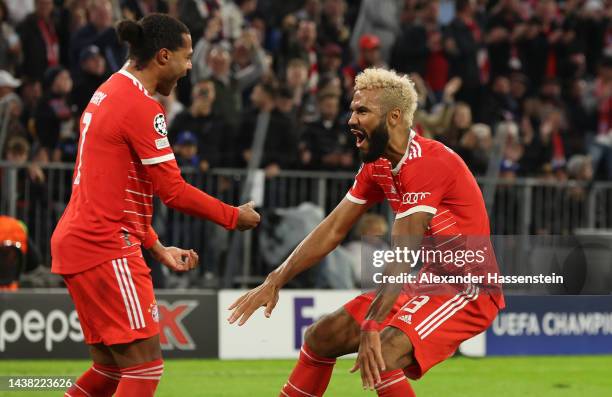 Eric Maxim Choupo-Moting celebrates with Serge Gnabry of Bayern Munich after scoring their team's second goal during the UEFA Champions League group...