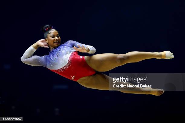 Jordan Chiles of United States competes on the Floor Exercise during Women's Team Final on day four of the 2022 Gymnastics World Championships at M&S...
