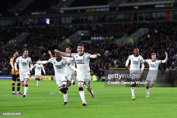 Darragh Lenihan of Middlesbrough celebrates after their side's second goal, an own goal scored by Tobias Figueiredo of Hull City during the Sky Bet...