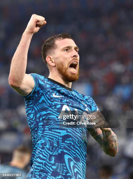 Pierre-Emile Hojbjerg of Tottenham Hotspur celebrates after their sides victory during the UEFA Champions League group D match between Olympique...