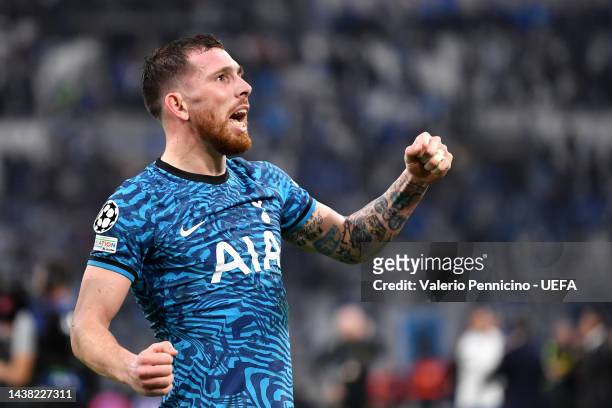 Pierre-Emile Hojbjerg of Tottenham Hotspur celebrates after their sides victory during the UEFA Champions League group D match between Olympique...