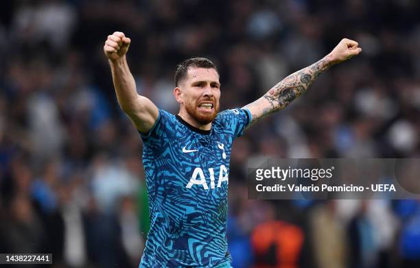 Pierre-Emile Hojbjerg of Tottenham Hotspur celebrates after scoring their team's second goal during the UEFA Champions League group D match between...