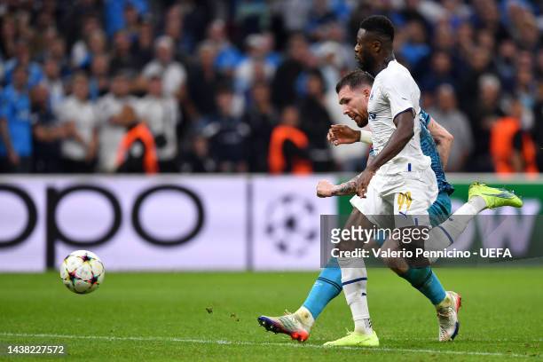 Pierre-Emile Hojbjerg of Tottenham Hotspur scores their team's second goal during the UEFA Champions League group D match between Olympique Marseille...