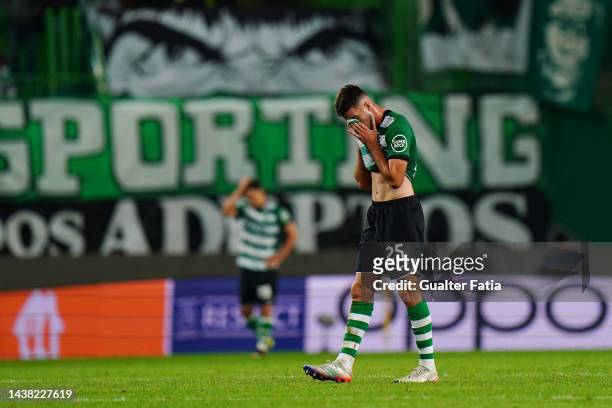 Goncalo Inacio of Sporting CP looks dejected after the final whistle of the UEFA Champions League group D match between Sporting CP and Eintracht...
