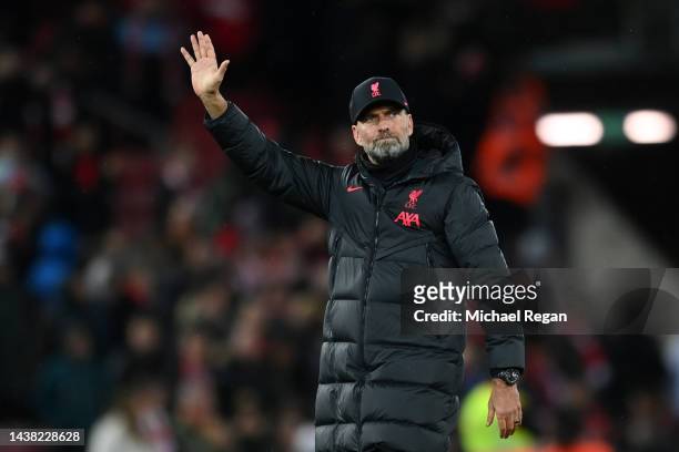 Juergen Klopp, Manager of Liverpool acknowledges the fans after their sides victory during the UEFA Champions League group A match between Liverpool...