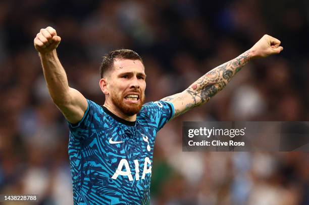 Pierre-Emile Hojbjerg of Tottenham Hotspur celebrates after their sides victory during the UEFA Champions League group D match between Olympique...