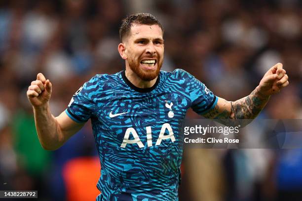 Pierre-Emile Hojbjerg of Tottenham Hotspur celebrates after their sides victory during the UEFA Champions League group D match between Olympique...