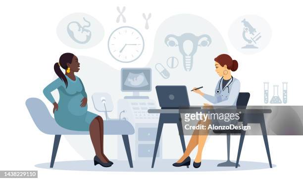 pregnant african american woman visiting doctor. - gynaecological examination stock illustrations