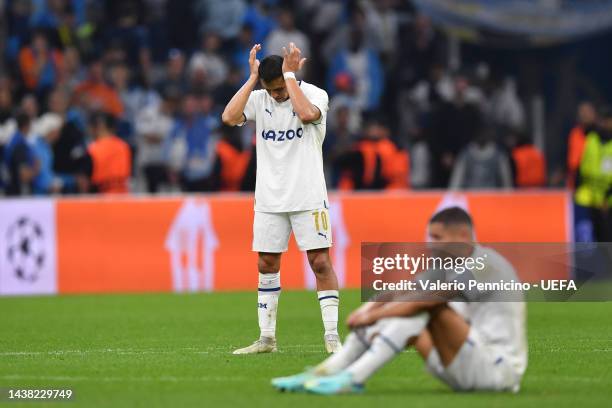 Alexis Sanchez of Marseille reacts after their sides defeat during the UEFA Champions League group D match between Olympique Marseille and Tottenham...