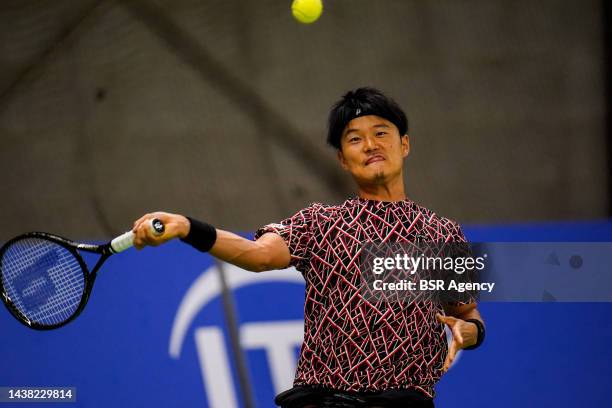 Takuya Miki of Japan plays a forehand in his match against Martin de la Puente of Espania during Day 3 of the 2022 ITF Wheelchair Tennis Masters at...