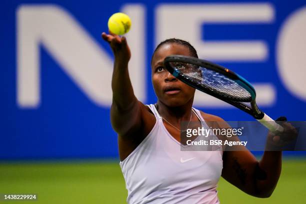 Kgothatso Montjane of South Africa serves in her women's singles match against Diede de Groot of the Netherlands during Day 3 of the 2022 ITF...