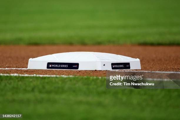 General view of a base with the World Series logo prior to Game Three of the 2022 World Series at Citizens Bank Park on November 01, 2022 in...