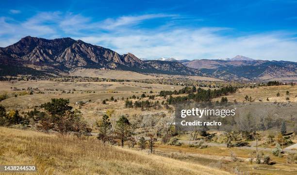 distant view of boulder, colorado with the flatirons and long's peak behind. - front range mountain range stock pictures, royalty-free photos & images