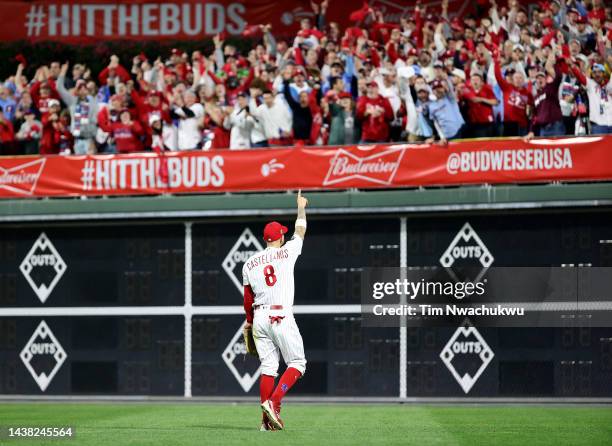 Nick Castellanos of the Philadelphia Phillies reacts after catching an out against the Houston Astros during the first inning in Game Three of the...
