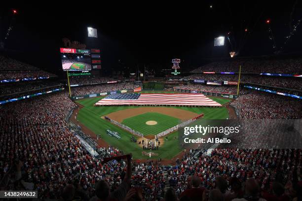 General view during the national anthem prior to a game between the Philadelphia Phillies and Houston Astros in Game Three of the 2022 World Series...