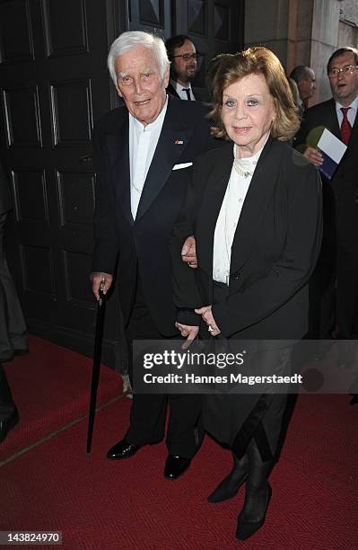 Joachim Fuchsberger and his wife Gundel arrive to the 'Bayerischer Fernsehpreis 2012' at the Prinzregententheater on May 4, 2012 in Munich, Germany.