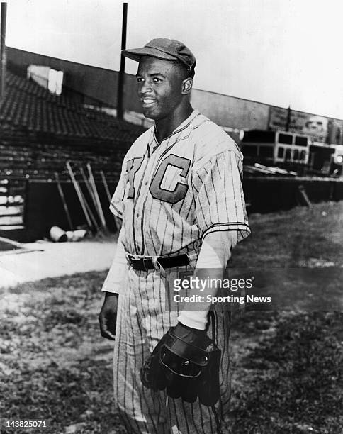 Jackie Robinson, the first black player in Major League Baseball, pictured as a shortstop for the Kansas City Monarchs of the Negro Leagues in 1944....