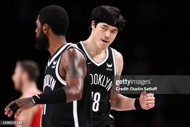 Yuta Watanabe of the Brooklyn Nets reacts during the second quarter of the game against the Chicago Bulls at Barclays Center on November 01, 2022 in...