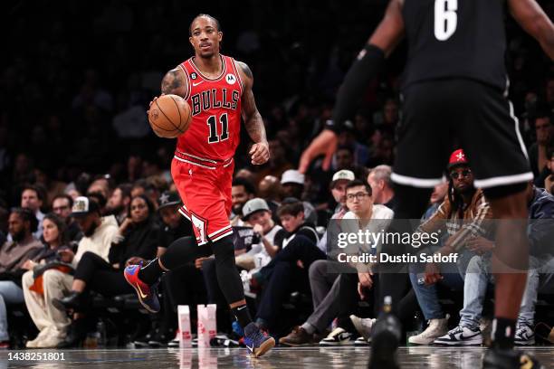 DeMar DeRozan of the Chicago Bulls brings the ball up the court during the second quarter of the game against the Brooklyn Nets at Barclays Center on...