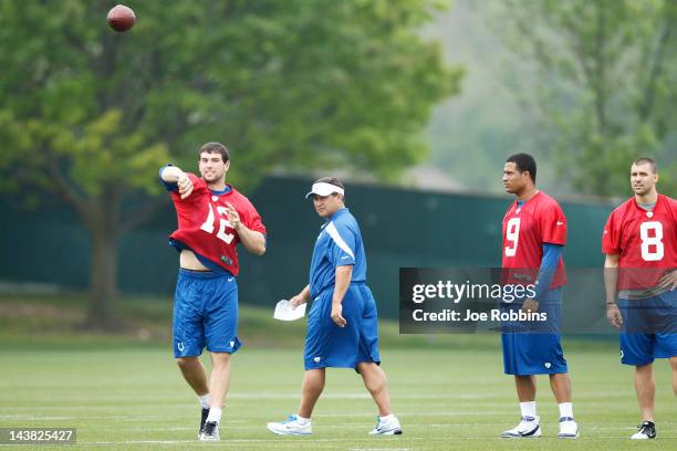 Andrew Luck of the Indianapolis Colts throws a pass as quarterbacks coach Clyde Christensen looks on during a rookie minicamp at the team facility on...