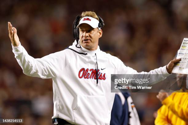 Head coach Lane Kiffin of the Mississippi Rebels reacts in the second half against the Texas A&M Aggies at Kyle Field on October 29, 2022 in College...