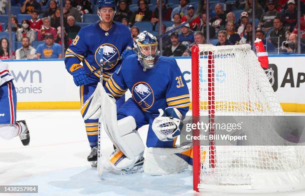 Eric Comrie of the Buffalo Sabres tends goal against the Montreal Canadiens during an NHL game on October 27, 2022 at KeyBank Center in Buffalo, New...