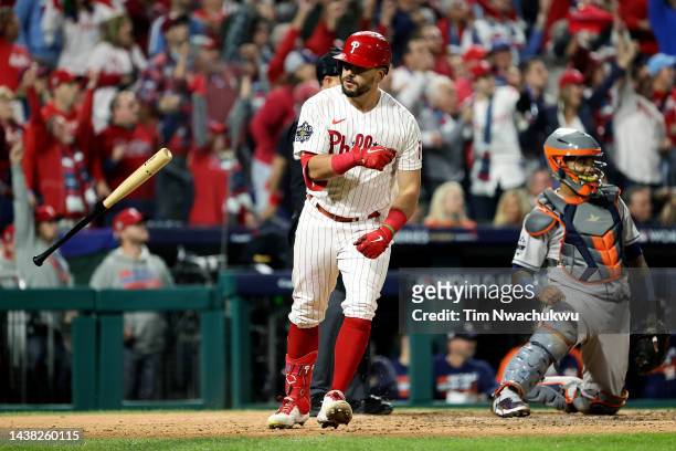Kyle Schwarber of the Philadelphia Phillies reacts after hitting a two-run home run against the Houston Astros during the fifth inning in Game Three...