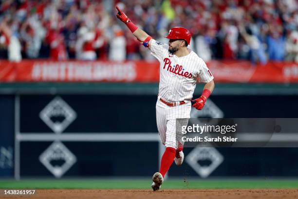Kyle Schwarber of the Philadelphia Phillies rounds the bases after hitting a two-run home run against the Houston Astros during the fifth inning in...