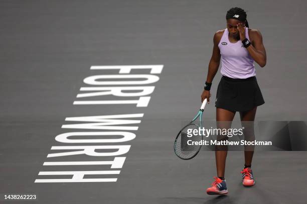 Coco Gauff of the United States reacts to a point against Caroline Garcia of France in their Women's Singles Group Stage match during the 2022 WTA...