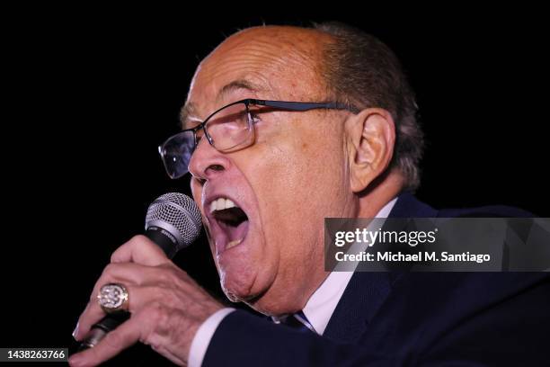 Former New York City Mayor Rudy Giuliani speaks during a Get Out the Vote Bus Tour campaign event for Republican gubernatorial nominee for New York...