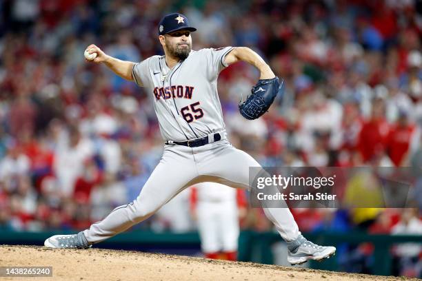 Jose Urquidy of the Houston Astros delivers a pitch against the Philadelphia Phillies during the sixth inning in Game Three of the 2022 World Series...