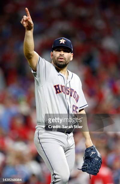 Jose Urquidy of the Houston Astros reacts after pitching against the Philadelphia Phillies during the seventh inning in Game Three of the 2022 World...