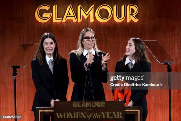 Honorees Danielle Haim, Este Haim, and Alana Haim speak onstage as Glamour celebrates the 2022 Women of the Year Awards on November 01, 2022 in New...