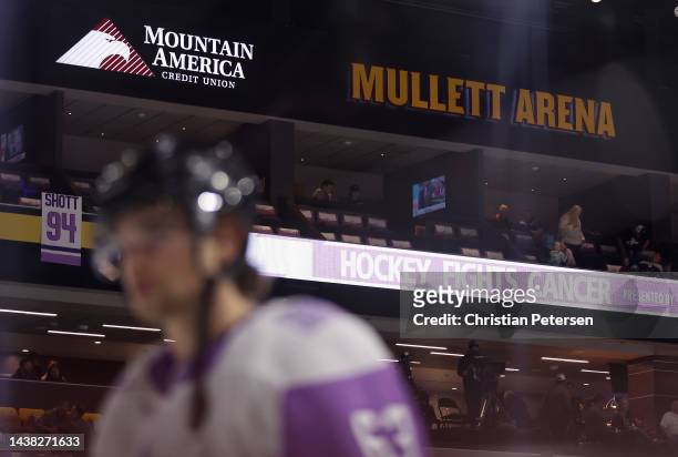 The Arizona Coyotes host "Hockey Fights Cancer" night at Mullett Arena before the NHL game against the Florida Panthers on November 01, 2022 in...