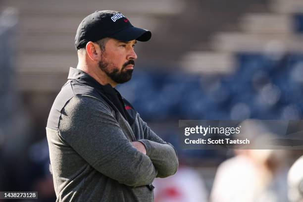 Head coach Ryan Day of the Ohio State Buckeyes looks on before the game against the Penn State Nittany Lions at Beaver Stadium on October 29, 2022 in...