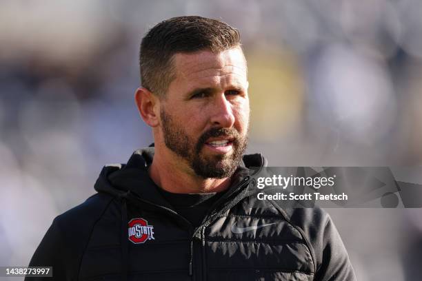 Passing game coordinator Brian Hartline of the Ohio State Buckeyes looks on before the game against the Penn State Nittany Lions at Beaver Stadium on...