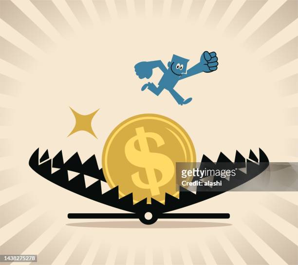 a businessman is jumping over a bear trap that uses money as bait. - evasion fiscale stock illustrations