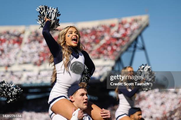 Penn State cheerleaders perform during the first half of the game between the Penn State Nittany Lions and the Ohio State Buckeyes at Beaver Stadium...