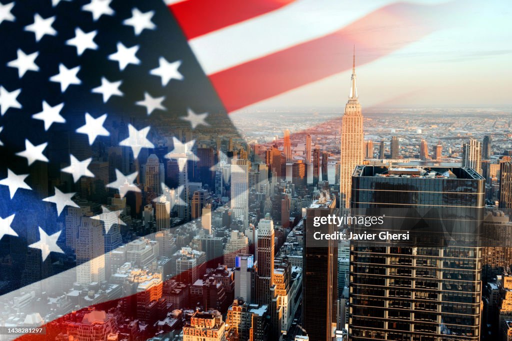 USA flag and panoramic view of New York City
