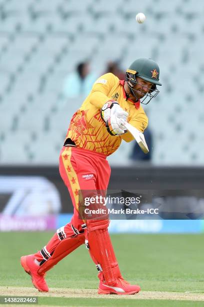 Craig Ervine of Zimbabwe bats during the ICC Men's T20 World Cup match between Zimbabwe and Netherlands at Adelaide Oval on November 02, 2022 in...