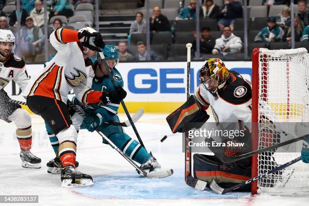 Anthony Stolarz of the Anaheim Ducks stops Logan Couture of the San Jose Sharks from scoring in the second period at SAP Center on November 01, 2022...